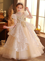 In Stock:Ship in 48 Hours High Neck Short Sleeve Flower Girl Dress