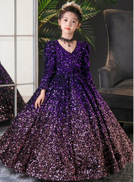 In Stock:Ship in 48 Hours Purple Sequins V-neck Flower Girl Dress