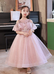 In Stock:Ship in 48 Hours A-Line Pink Tulle Sequins Flower Girl Dress