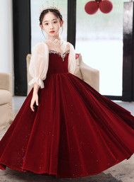 In Stock:Ship in 48 Hours Burgundy Long Sleeve Crystal Flower Girl Dress