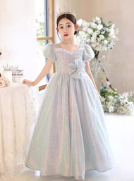 In Stock:Ship in 48 Hours Blue Sequins Puff Sleeve Flower Girl Dress