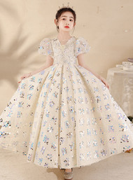 In Stock:Ship in 48 Hours Puff Sleeve Sequins Flower Girl Dress