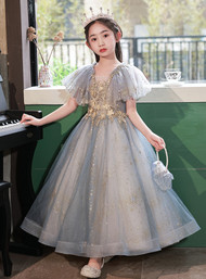 In Stock:Ship in 48 Hours Light Blue Tulle Sequins Flower Girl Dress