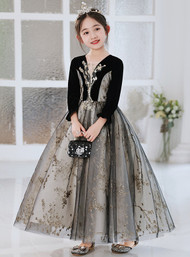 In Stock:Ship in 48 Hours Black Sequins Long Sleeve Flower Girl Dress