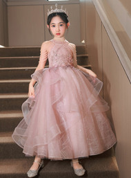 In Stock:Ship in 48 Hours Pink Tulle Sequins Beading Flower Girl Dress