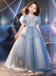 In Stock:Ship in 48 Hours Blue Sequins Puff Sleeve Beading Flower Girl Dress