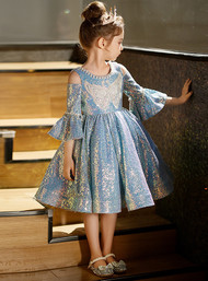 In Stock:Ship in 48 Hours Blue Sequins Long Sleeve Short Flower Girl Dress