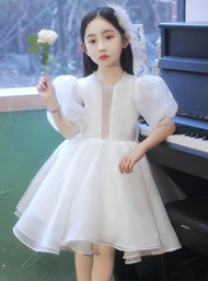 In Stock:Ship in 48 Hours White Puff Sleeve Bow Flower Girl Dress