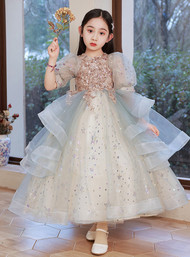 In Stock:Ship in 48 Hours Blue Sequins Tulle Puff Sleeve Flower Girl Dress