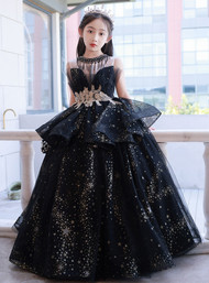 In Stock:Ship in 48 hours Black Tulle Sequins Appliques Flower Girl Dress