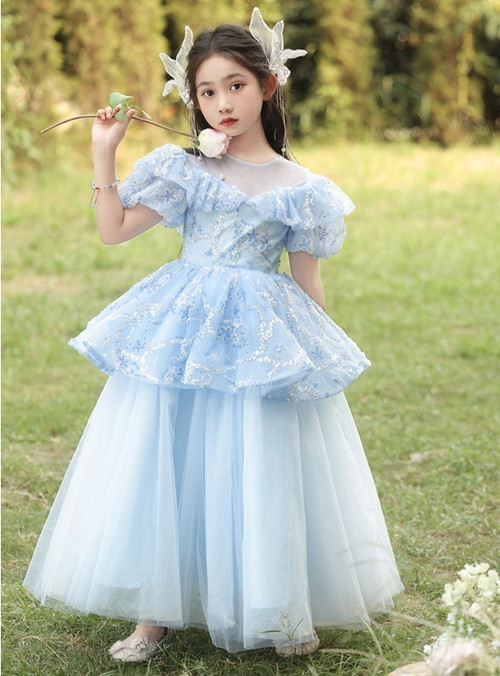 Girls Floral Bead Embellished Puff Sleeve Ethnic Dress -1