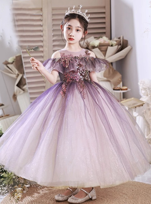 Tulle Rosette Ombre Flower Girl Dress - Fuchsia, Aqua, Purple Tea-Length Dress For Girls Size 2-14 - View #13