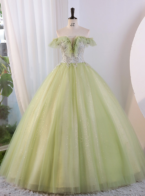 Light Green Tulle Sequins V-neck Quinceanera Dress