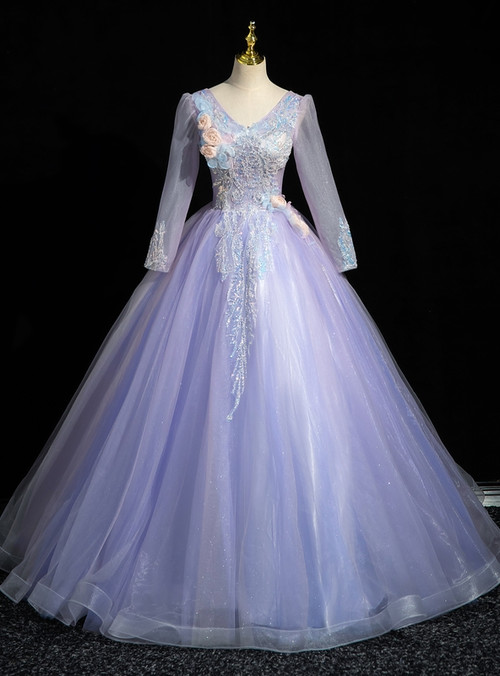 Purple Tulle Long Sleeve V-neck Sequins Quinceanera Dress