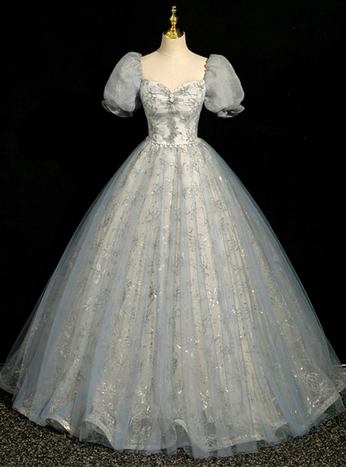 Gray Sequare Short Sleeve Embroidery Quinceanera Dress