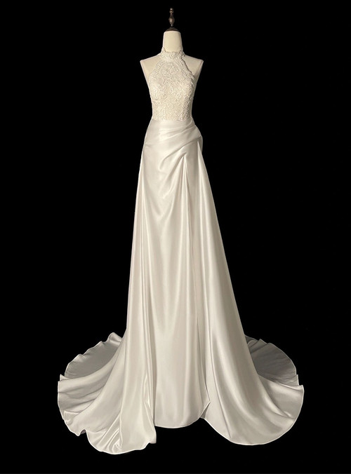 White Satin Halter Wedding Dresses with DetachableTrain VK23111105