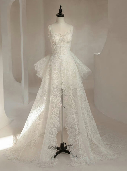 Two-piece White Wedding Dress With Round Neck And Elegant