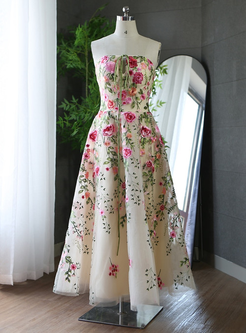 One Shoulder Champagne Tulle Flower Prom Dress main image 0