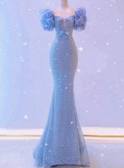 Beaira Chic Blue Mermaid Sequins Halter Long Party Dress with Bow Blue Sequins Evening Dress prom dresses with long sleeves main image 1