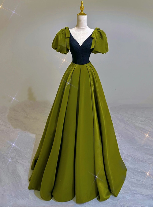 green dress under 500 Sexy Satin V-neck Puff Sleeve Prom emerald green dress