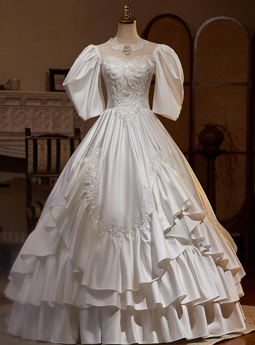 Vintage White Applique Long Puffed Sleeves Lace Embroidery & Satin Texture Wedding Dress DP7265