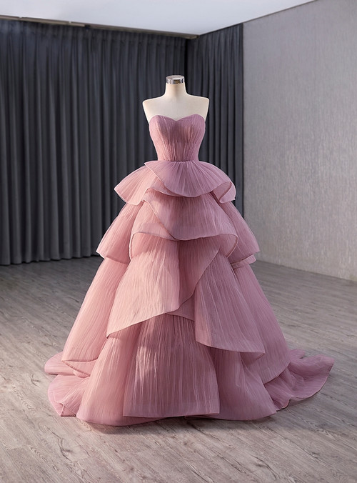 Pink Strapless Tulle Tiered Prom Dress Custom Made Girls Evening Dress main image 1