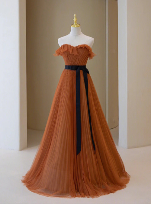 A Line Satin Strapless Pleats Prom Dresses with Ruffle LBQ3689