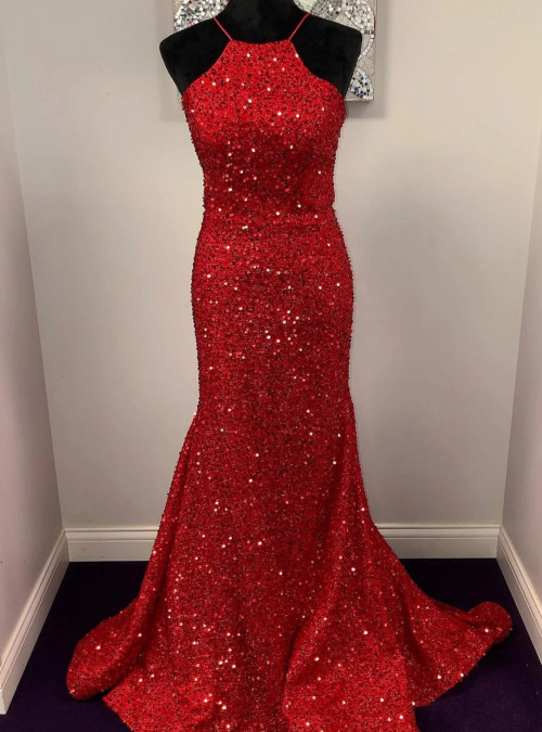 Modest Mermaid Halter Red Sequin Long Prom Dresses C11