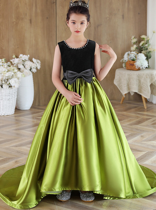 Green Satin Black Bow Flower Girl Rococo Baroque Dress
