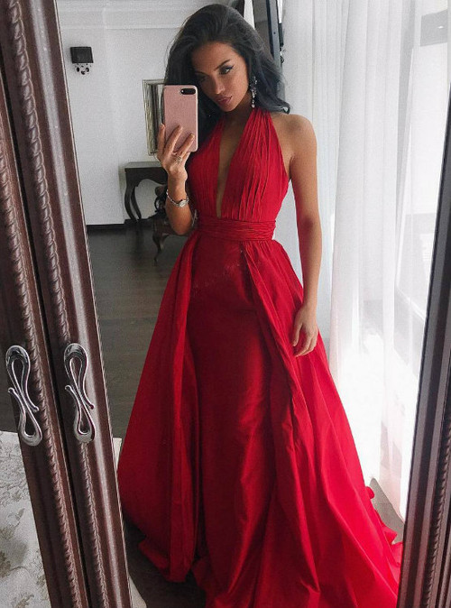 Adorable Hot Ruched Halter Red Satin Evening Dresses Long Prom Gowns 2017