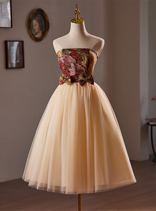 Champagne Tea Length Off Shoulder Champagne Homecoming Dresses main image 1