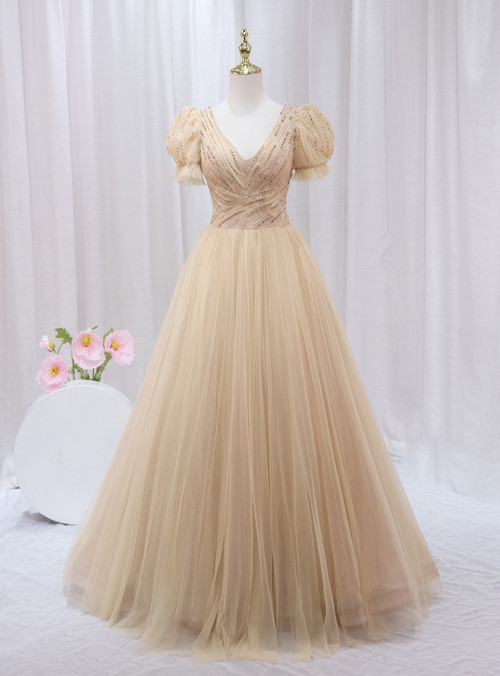 Champagne Half Sleeve V Neck Appliques Tulle Prom Dress main image 0