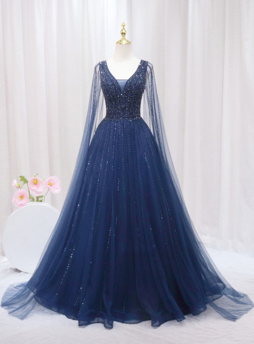 Fashion High-Low Deep V Neck Tulle Navy Blue Prom Dresses