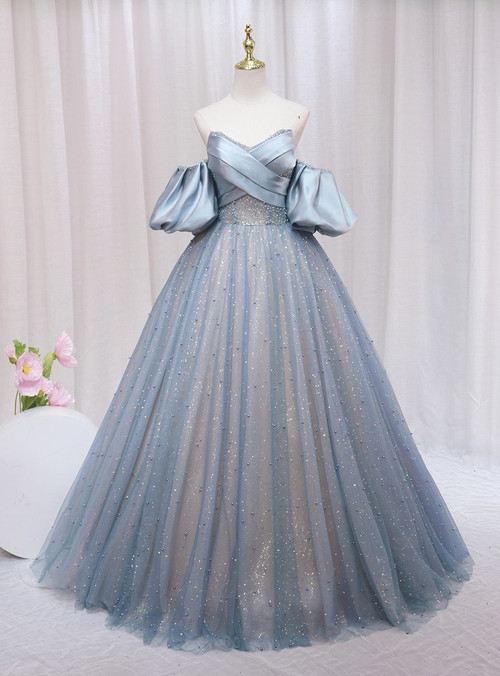 Blue Tulle Sequins Strapless Beading Evening Prom Dress