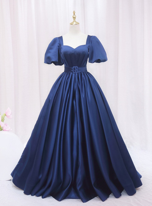 Knee Length Prom Dress Shiny Blue Satin Beading Square Neck Sleeveless Homecoming Dress