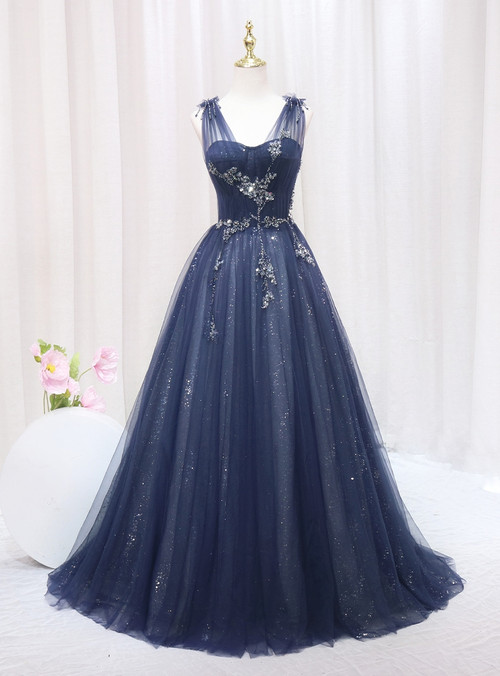 Blue Gold Tulle Sequins V-neck Pleats Formal Prom Dress