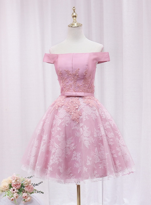Lovely High Low Tulle Lace Applique Party Dress, Off Shoulder Homecoming Dresses main image 1