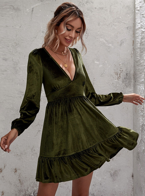 Velvet Sheath Deep V-Neck Sleeveless Open Back Dresses Lime Green main image 1