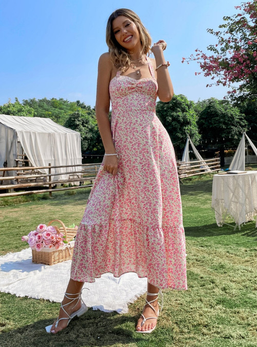Sexy Floral Backless Slit Strap Design Halter Beach Dresses