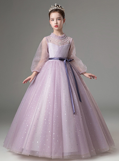 Purple Jewel Sleeveless Floor Length Flower Girl Dress with Ruffles Print