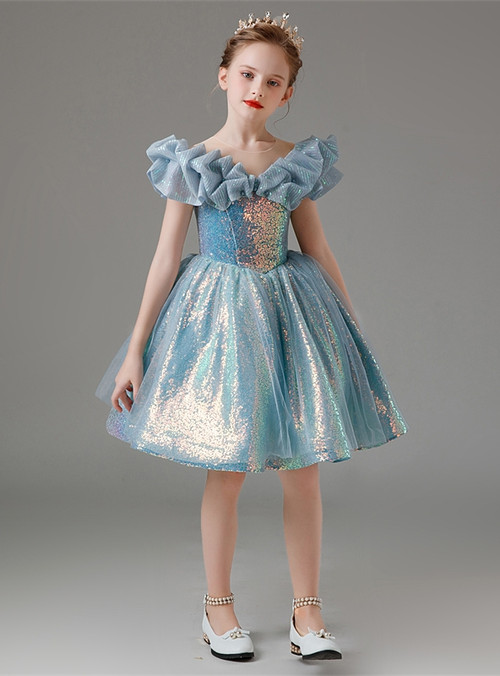 Stunning Blue Short Sleeves Jewel Flower Girl Dress with Appliques