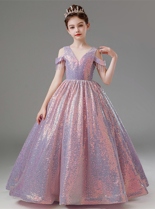Purple Sequin Bowknot Puffy Flower Girl Dress