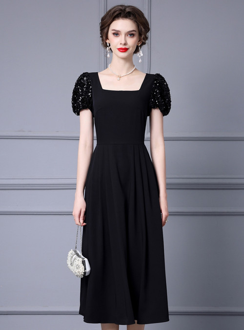 Black Square Puff Sleeve Crystal Evening Prom Dres main image 1
