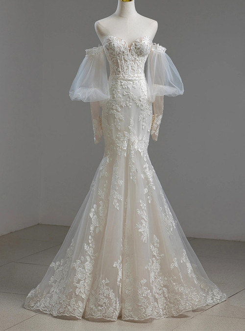 White Lace Appliques Flowers Mermaid Evening Gowns JTE375 main image 0