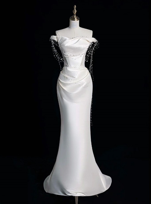 Off the Shoulder White Satin Pleated Mermaid Long Wedding Dress main image 1