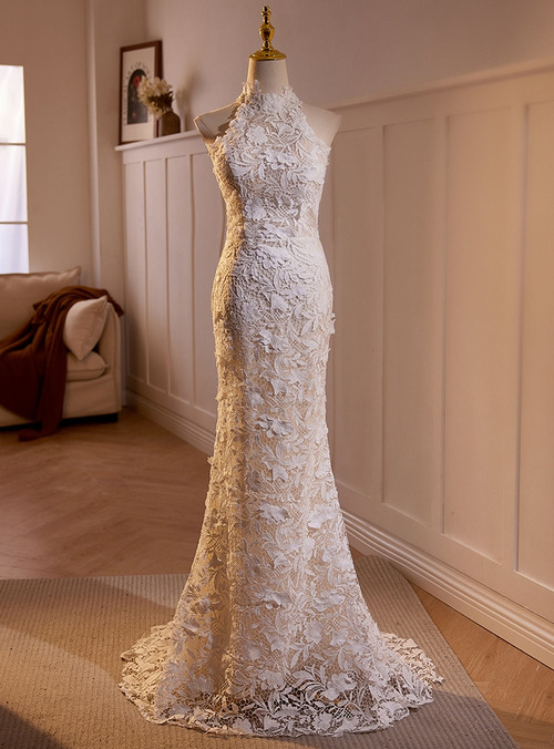 White Mermaid Lace High Neck Backless Wedding Dress main image 0