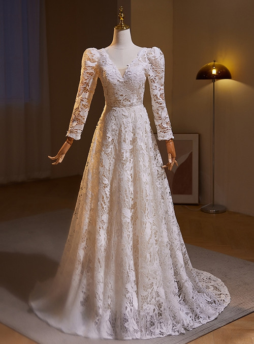 Lace V-neck Wedding Dresses Floor Length White Bride Gowns Vestidos De Novia