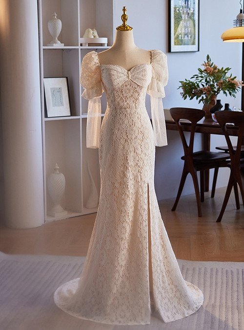 Mermaid Beaded Lace Long Sleeves Square Neck Floor Length Wedding Dress