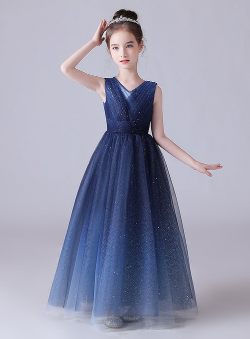Elegant Blue Tulle A-Line Cheap Simple Long Flower Girl Dresses, FGS0045 main image 0