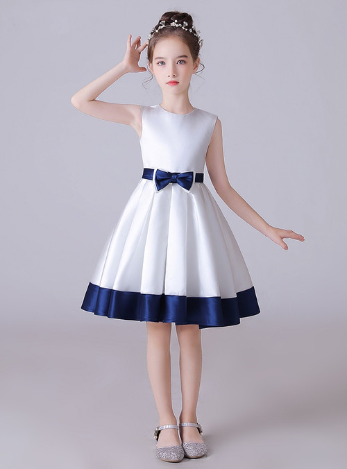girls blue and white dress White & Navy Flower Girl Dress 4